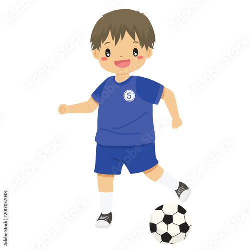 a happy boy wearing a blue number five soccer jersey dribbling the soccer ball cartoon vector
