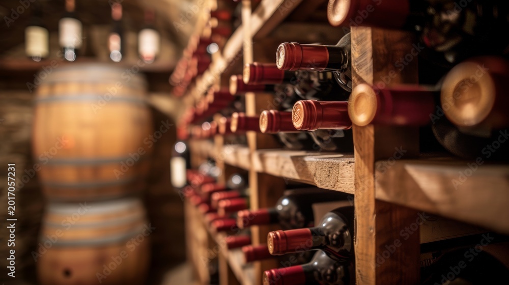 Obraz premium An old wine cellar illuminated by warm light, showcasing rows of vintage wine bottles and wooden barrels, invoking a sense of tradition and quality.