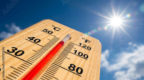 Thermometer summer heat heatwave sunshine blue sky high temperature hot weather, wooden. Heat wave extreme summer, sun high temperature hot weather, global warming, heat stroke