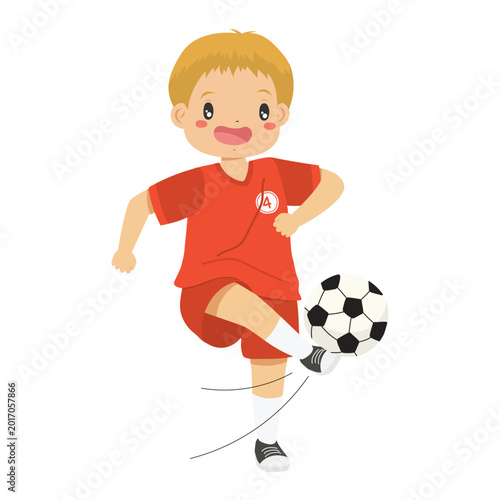 a happy boy wearing a red number four soccer jersey juggling or kicking a soccer ball cartoon vector