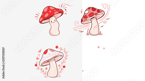 Spotted red mushroom vector icon with an editable stroke design for customizable line weight as a clean minimalist flat illustration on a white background for retro nature projects.