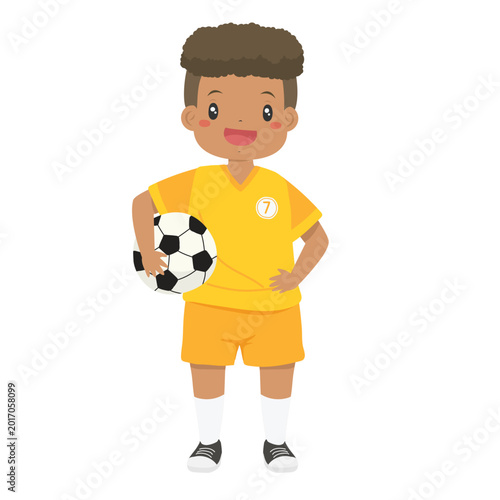 a happy boy wearing an orange number seven soccer jersey with one hand on his hip and holding a soccer ball cartoon vector