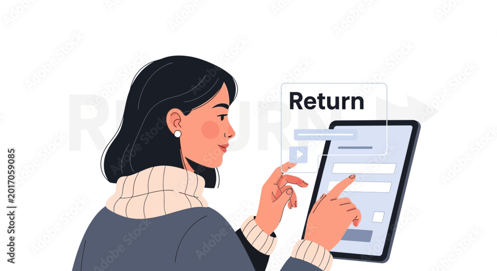 Naklejka premium Woman using tablet for online return process, digital interface.