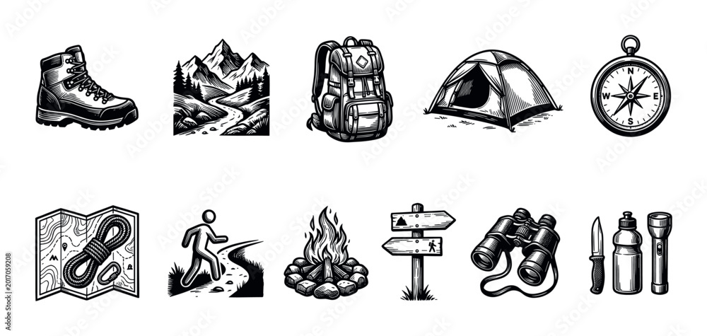 Obraz premium A collection of hand-drawn black and white illustrations depicting various outdoor adventure and camping equipment, perfect for travel and exploration themes.