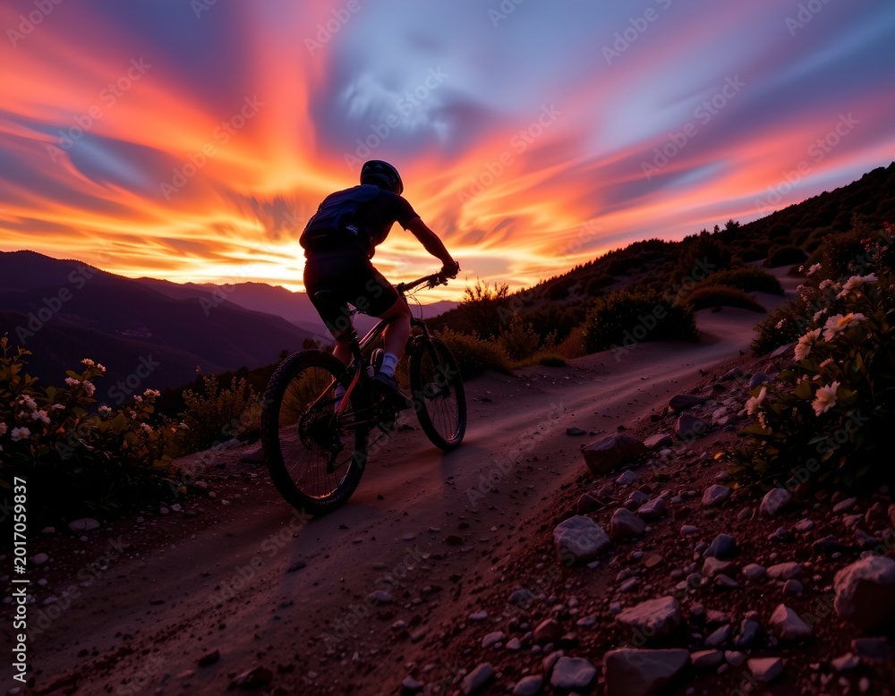 Obraz premium Rider Cruising Sunset Trail with Vibrant Sky