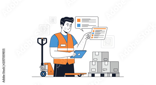 Warehouse worker with tablet and checklist, logistics, inventory management illustration.