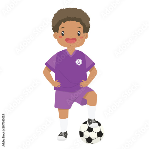 a happy boy wearing a purple number six soccer jersey with both hands on his hip and his left foot on a soccer ball cartoon vector