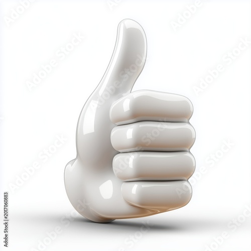 A white thumbs up hand gesture on a plain white background, symbolizing approval and positivity in a 3D rendered image.
