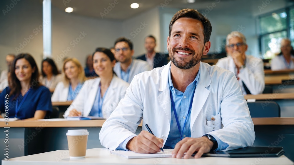 Fototapeta premium Group of Medical Professionals Attending Lecture in Modern Classroom
