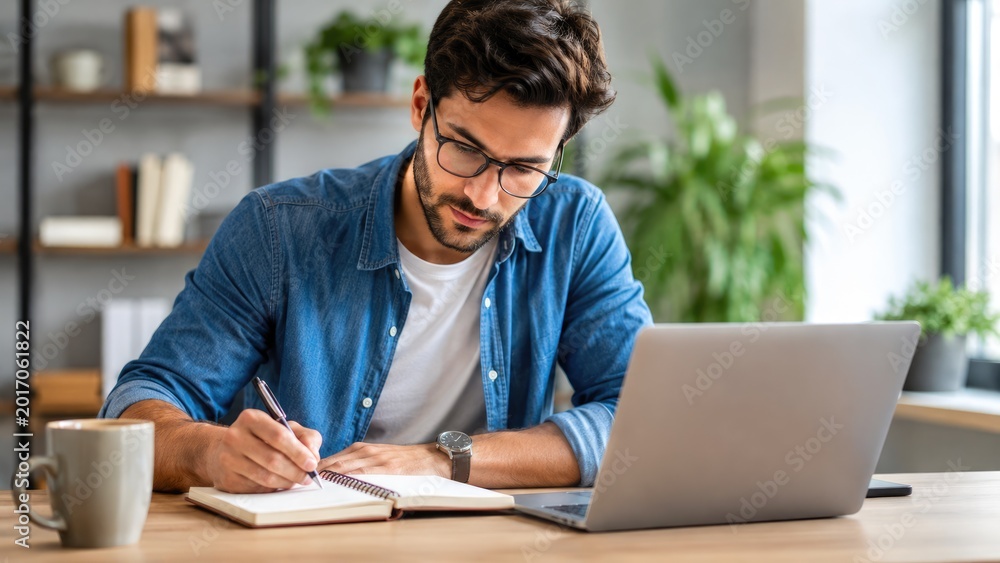 Fototapeta premium Young Man Studying and Writing Notes While Working on Laptop