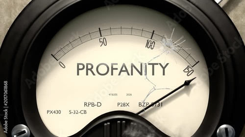 Profanity meter showing big levels of profanity. Dangerously increasing high values of profanity, critical overload. Too much, off the charts. Max profanity