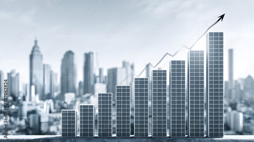 Fototapeta premium financial growth chart rising over city skyline, business success concept, copy space