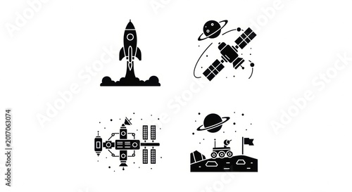 Collection of space exploration icons including rocket launch, satellite, space station, and lunar rover with planets