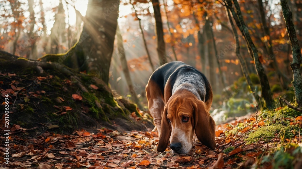 Fototapeta premium Basset Hound Exploring a Autumn Forest