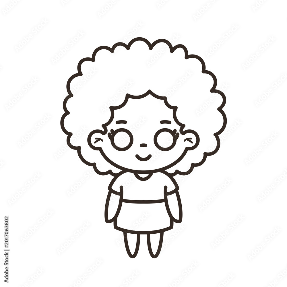 Fototapeta premium Cute chibi grandmother with big curly afro hair and round glasses line art vector illustration coloring page