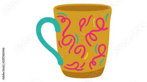 Creative colorful line vector icon representing a uniquely patterned handmade ceramic mug for pottery studio branding and craft shop illustration, isolated on white background high quality.