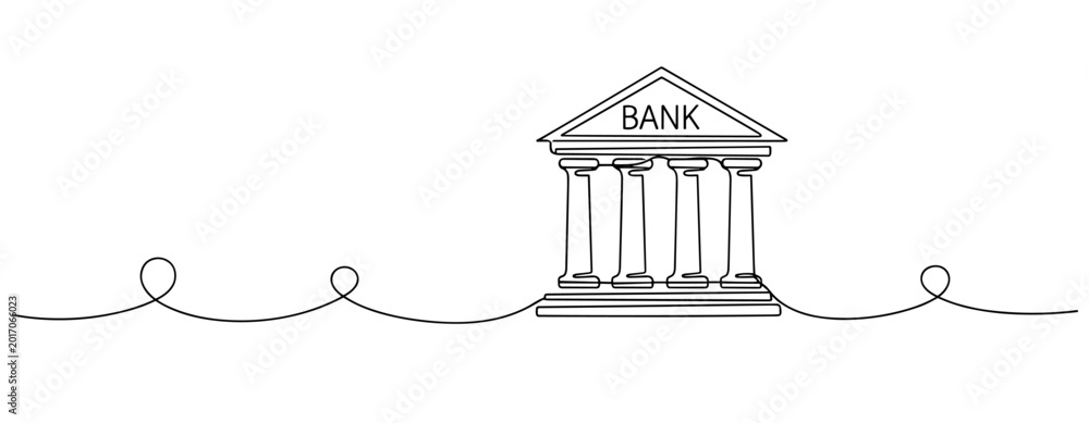 Fototapeta premium Continuous line drawing of bank building with columns and arched roof. No editable stroke