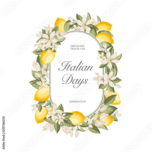 Lemon vintage frame. Italian vector background. Fresh lemon and green
