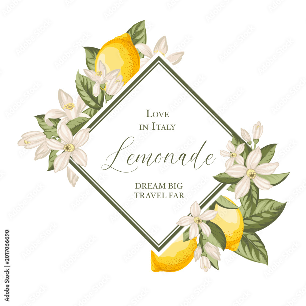 Fototapeta premium Lemon vintage frame. Italian vector background. Fresh lemon and green