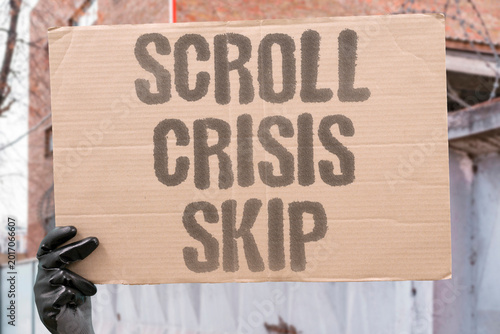 Foto "Scroll Crisis Skip" Each swipe past a crisis post normalizes inaction to real human suffering