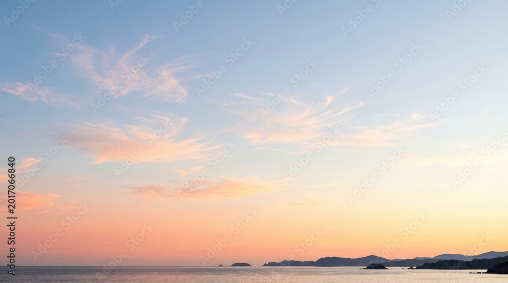 Fototapeta premium A serene seascape with a sunset sky and calm water clouds background, wallpaper thumbnail social, media book cover, download 2026 2027, 2028 event template, pc desktop mobile, full hd 4k download