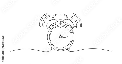 Continuous line drawing of a ringing alarm clock with bells. no editable stroke