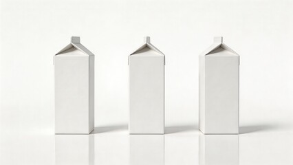 Three white cartons of cow milk standing upright on a reflective surface, showcasing a clean and modern design for a dairy product advertisement or marketing campaign.