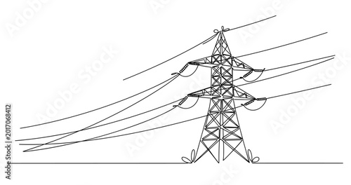 Minimalist illustration of electrical transmission tower with power lines. Non editable stroke