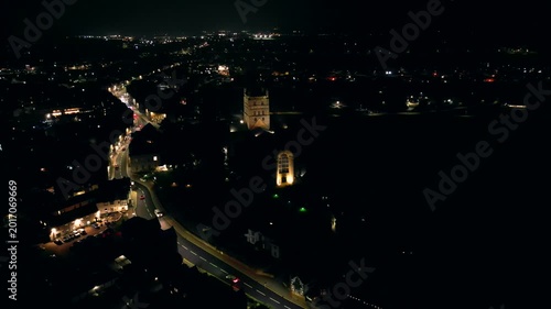 Drone aerial view of Tewkesbury Town centre at night
