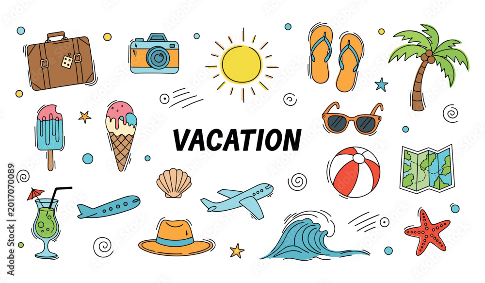 Obraz premium Vacation icons scattered colorful on white background
