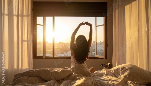 Woman stretching on bed at sunrise.