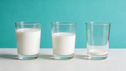 A studio shot of three glasses of cow milk on a white table against a teal background, showcasing a healthy and refreshing beverage option.