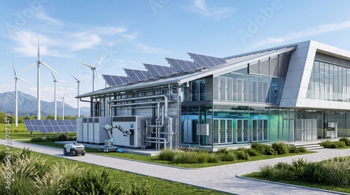 Modern green building with solar panels and wind turbines in a sustainable environment.