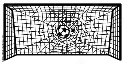 Tableau sur toile Soccer ball caught in spider web net inside goal post in minimalist black and wh