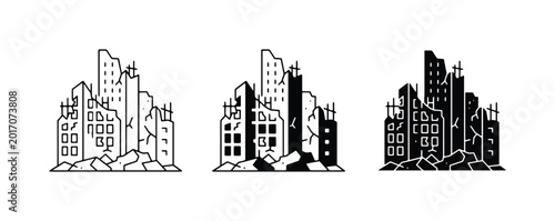 Foto Ruined Cityscape Icons, Destroyed Buildings, Urban Disaster, Post-Apocalyptic Sc