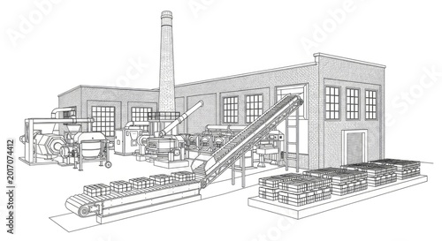 Industrial factory illustration depicting production process and machinery