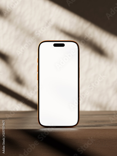 Smartphone mockup on a wooden table with soft diagonal light shadows.