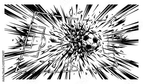 Photos Soccer ball exploding on pitch with dramatic blast lines in dynamic action style