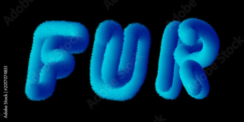Word FUR written fake fur letters 3d imitation blue color on black background
