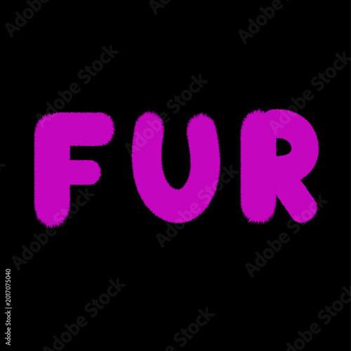 Word Fur written of fake fur flat letters purple color on black background