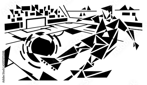 Photos Soccer player kicking ball in geometric abstract style composed of triangles and