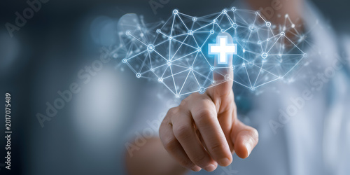 A futuristic representation of digital health, showing a hand touching a glowing medical cross connected by a network of dots and lines, symbolizing telehealth, medical data, and innovative care