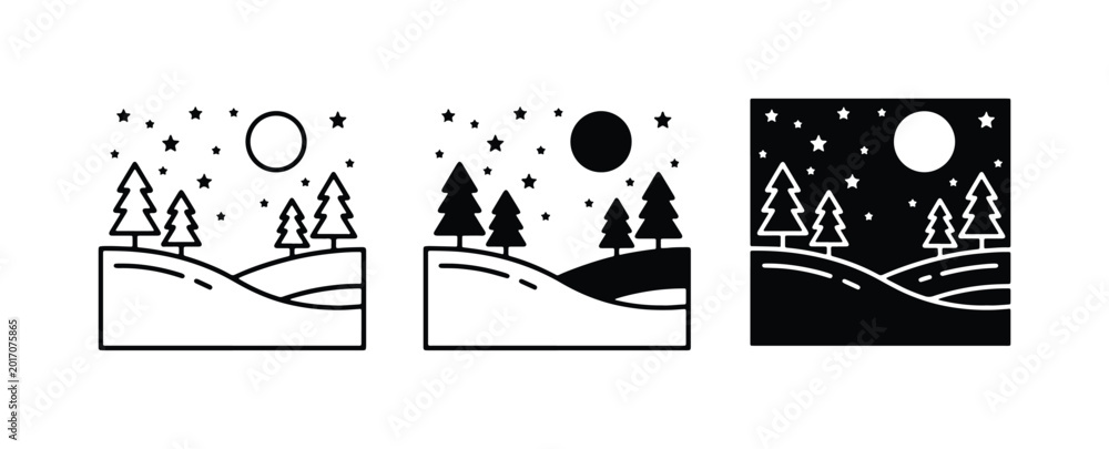 Obraz premium Winter Landscape Icons, Snowy Night Scene, Stylized Nature Elements, Vector Art