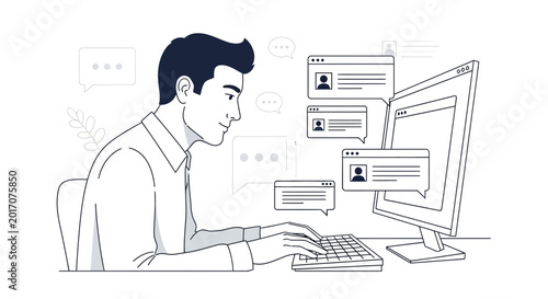 Man typing on keyboard, computer screen with chat bubbles, online communication concept, illustration