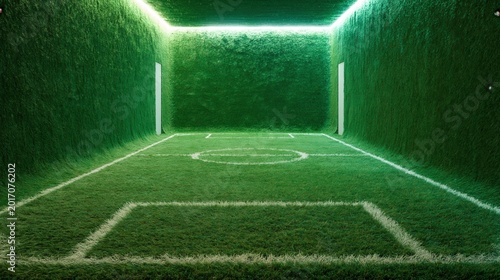 Surreal empty indoor football pitch surrounded by green grass walls and bright ceiling light.