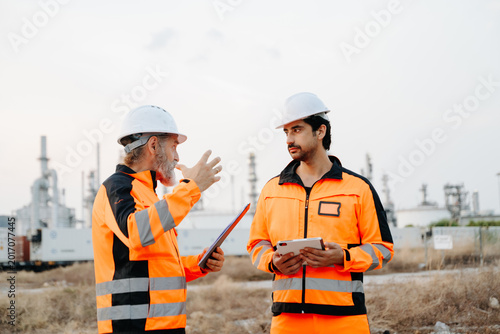 Engineers inspecting industrial power plant with safety gear, teamwork and maintenance check. Energy industry, engineering process