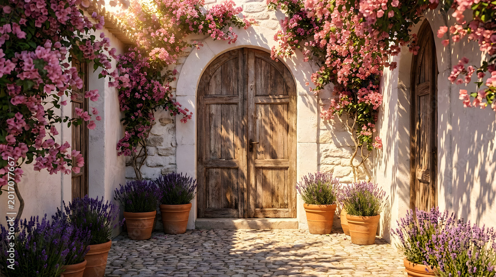 Fototapeta premium Charming rustic stone entryway adorned with blooming pink roses and fragrant lavender in terracotta pots, bathed in warm sunlight