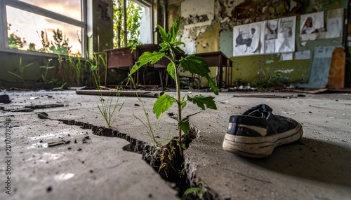 Young plant growing through cracked floor in abandoned classroom with old shoe