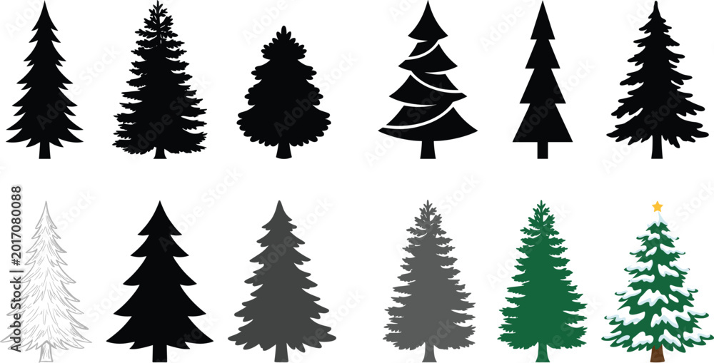 Fototapeta premium Christmas Pine Tree Silhouette and Decorative Evergreen Collection for Winter Holiday Nature and Festive Vector Design Projects