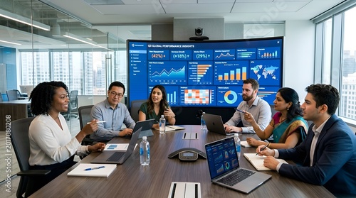 Business team collaborative meeting with data analytics on screen